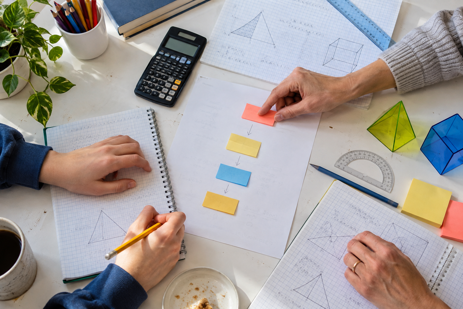 Overhead view of mathematical diagnostic work with graphs, notes and geometric tools