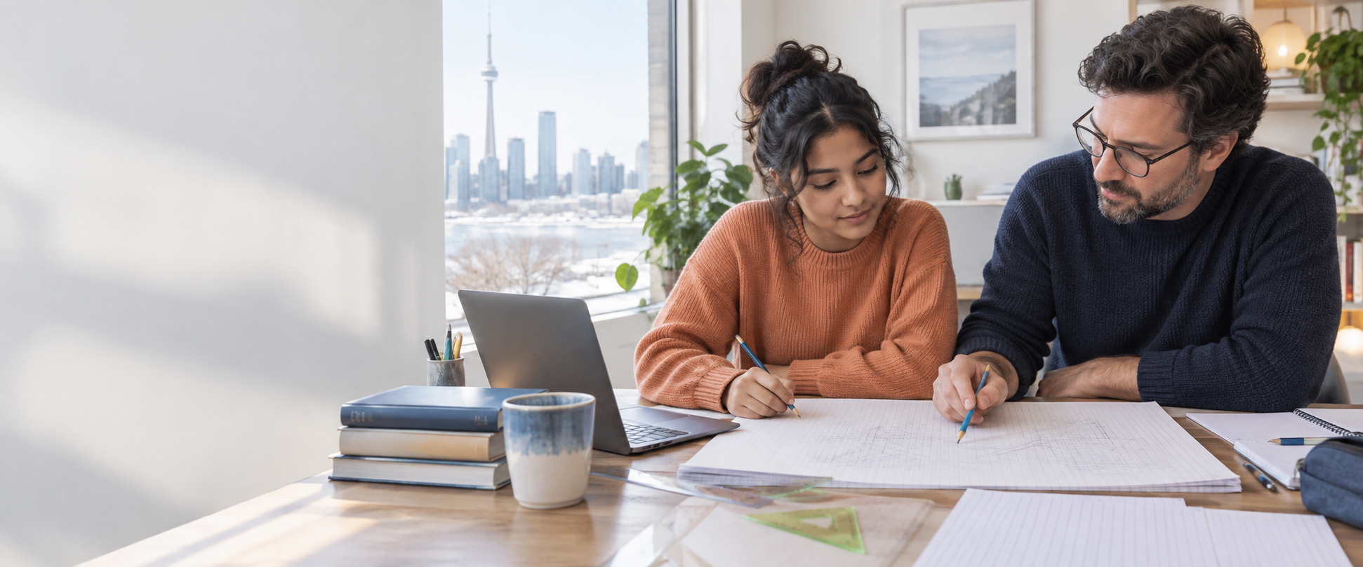 A Canadian high-school student and mathematics tutor work through a graph on paper